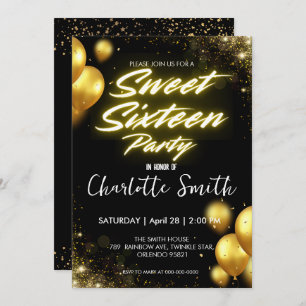 Elegant neon Gold Balloo retro Sweet 16th Birthday Invitation