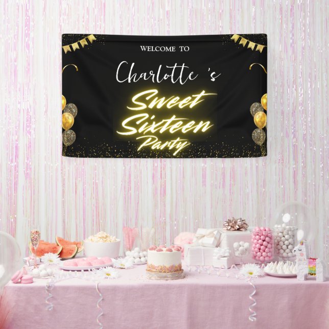 Elegant neon Gold Black retro Sweet 16th Birthday  Banner (Party)