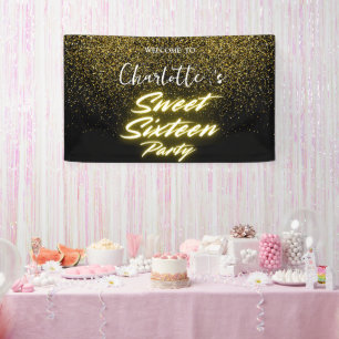 Elegant neon Gold Black retro Sweet 16th Birthday  Banner
