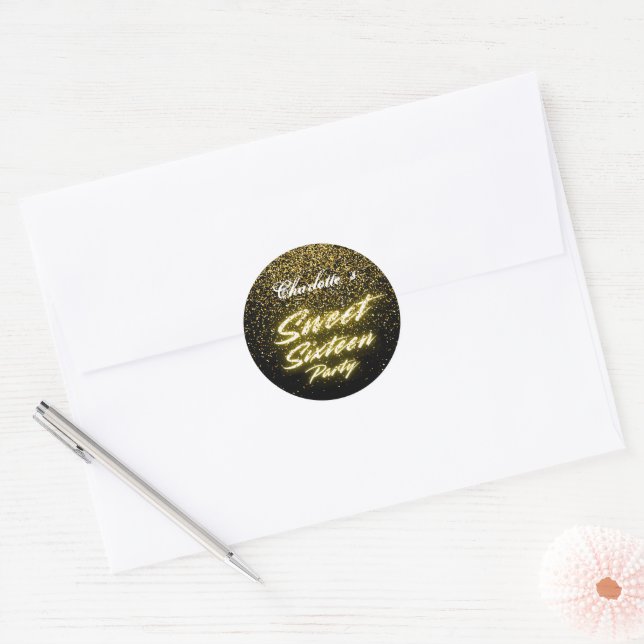 Elegant neon Gold Black retro Sweet 16th Birthday  Classic Round Sticker (Envelope)