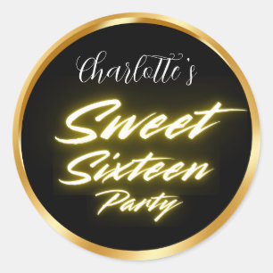 Elegant neon gold Black Retro Sweet 16th Birthday Classic Round Sticker