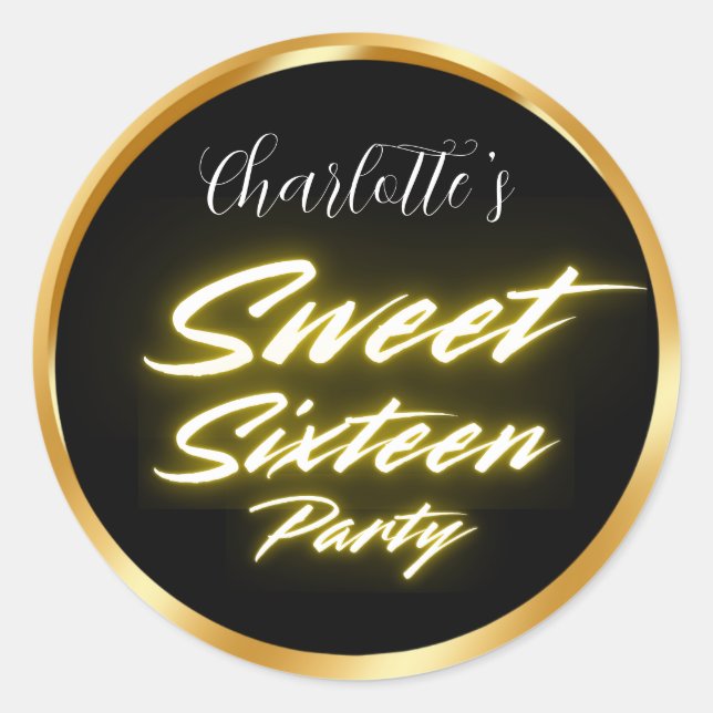 Elegant neon gold Black Retro Sweet 16th Birthday Classic Round Sticker (Front)