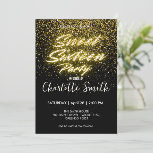 Elegant neon Gold Black retro Sweet 16th Birthday Invitation