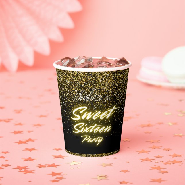 Elegant neon gold Black retro Sweet 16th Birthday  Paper Cups (Insitu)