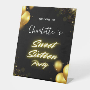 Elegant neon Gold Black retro Sweet 16th Birthday Pedestal Sign