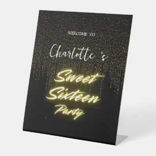 Elegant neon Gold Black retro Sweet 16th Birthday Pedestal Sign