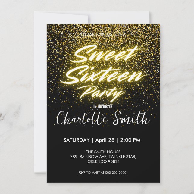 Elegant neon Gold Black retro Sweet 16th Birthday  Thank You Card (Front)