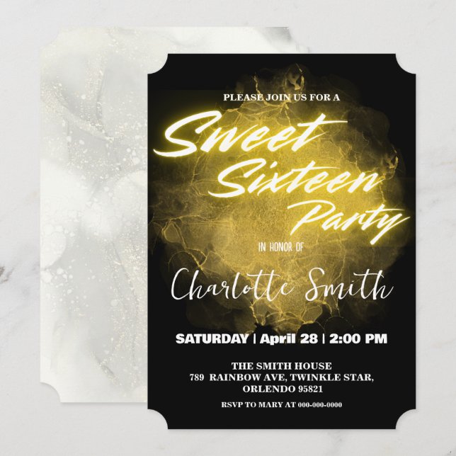 Elegant neon gold pink marble Sweet 16th Birthday Invitation (Front/Back)