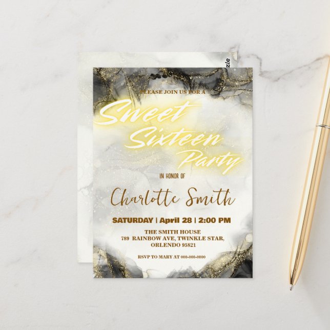 Elegant neon gold pink marble Sweet 16th Birthday Postcard (Front/Back In Situ)