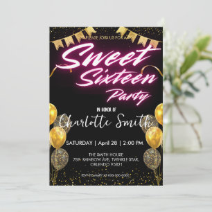 Elegant neon Gold pink retro Sweet 16th Birthday Invitation