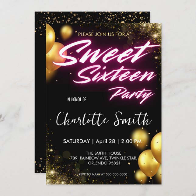 Elegant neon Gold pink retro Sweet 16th Birthday Invitation (Front/Back)
