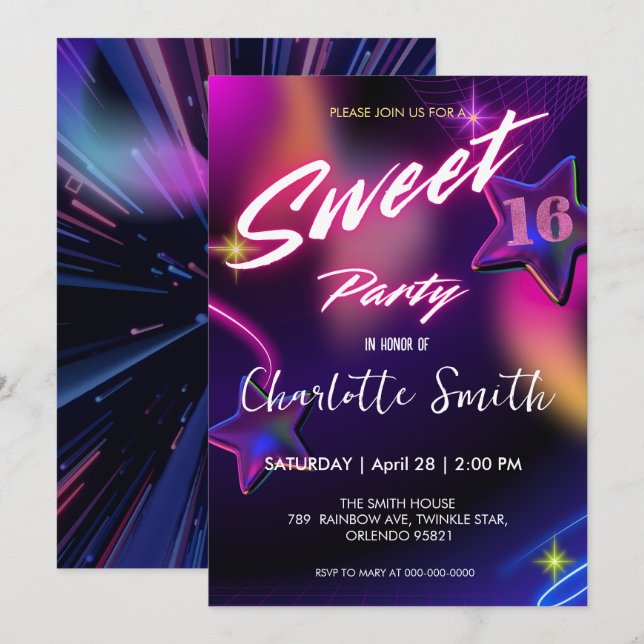 Elegant neon Gold pink retro Sweet 16th Birthday Invitation (Front/Back)