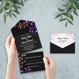 Elegant Neon Lights Roses Black Floral Wedding All In One Invitation