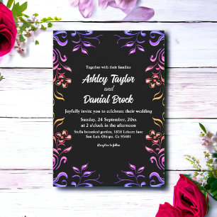 Elegant Neon Lights Roses Black Floral Wedding Invitation