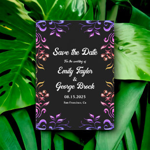 Elegant Neon Lights Roses Black Floral Wedding Save The Date