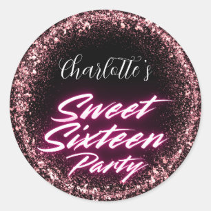 Elegant neon Pink Black Retro Sweet 16th Birthday Classic Round Sticker