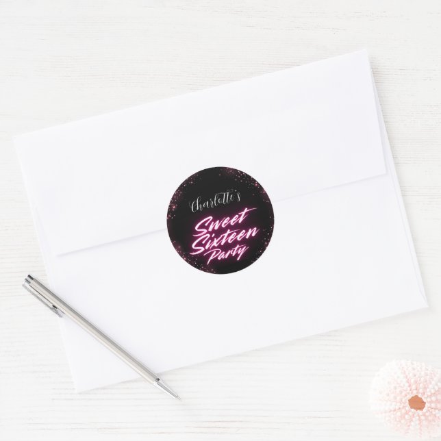 Elegant neon Pink Black Retro Sweet 16th Birthday Classic Round Sticker (Envelope)