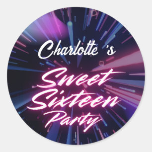 Elegant neon Pink Black Retro Sweet 16th Birthday Classic Round Sticker