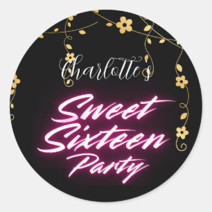 Elegant neon Pink Black Retro Sweet 16th Birthday Classic Round Sticker