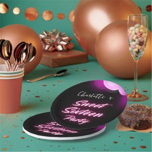 Elegant neon Pink Black retro Sweet 16th Birthday  Paper Plate