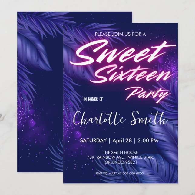 Elegant neon pink Blue Leave Sweet 16th Birthday  Invitation (Front/Back)