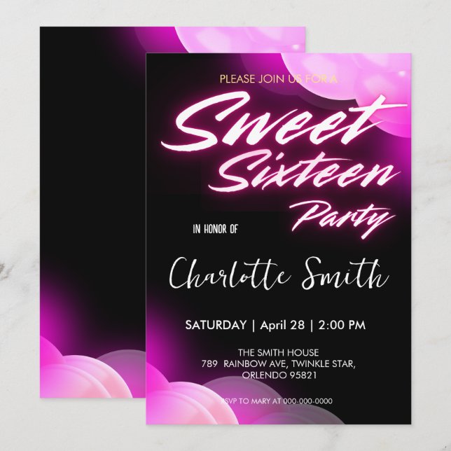 Elegant neon pink retro black Sweet 16th Birthday  Invitation (Front/Back)