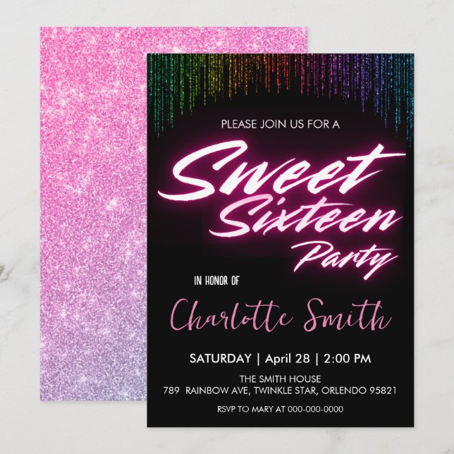 Elegant neon pink retro black Sweet 16th Birthday  Invitation (Front/Back)
