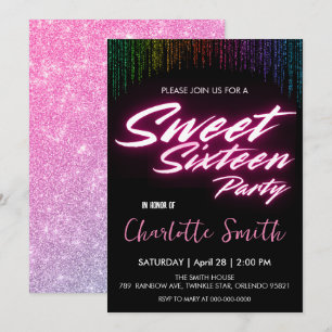 Elegant neon pink retro black Sweet 16th Birthday  Invitation
