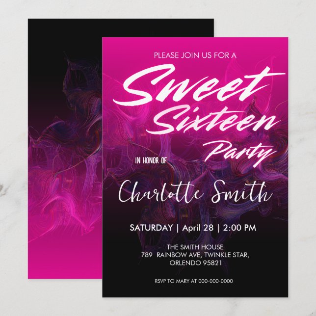 Elegant neon pink retro black Sweet 16th Birthday  Invitation (Front/Back)