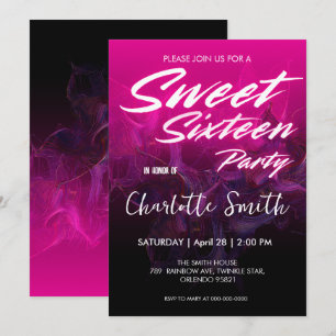 Elegant neon pink retro black Sweet 16th Birthday  Invitation