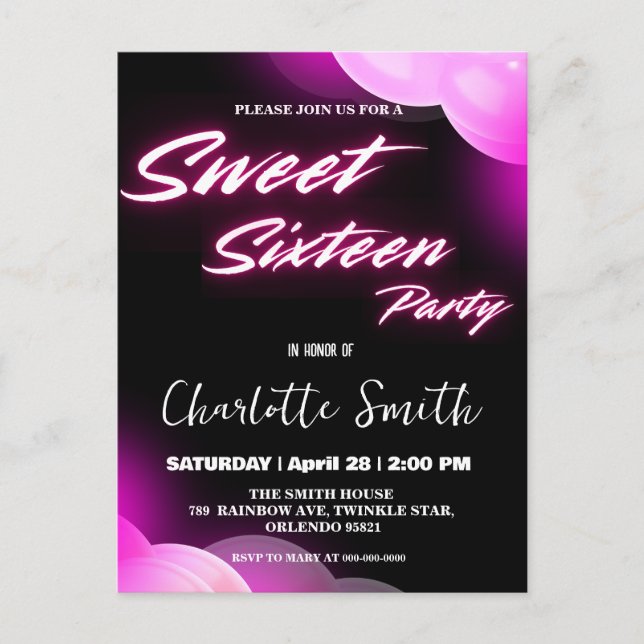 Elegant neon pink retro black Sweet 16th Birthday  Postcard (Front)