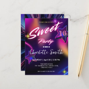 Elegant neon pink retro black Sweet 16th Birthday  Postcard