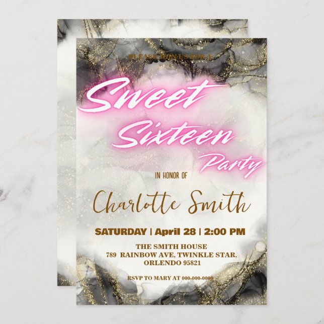 Elegant neon pink retro Gold Sweet 16th Birthday  (Front/Back)