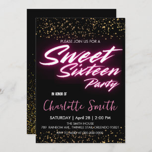 Elegant neon pink retro Gold Sweet 16th Birthday  Invitation