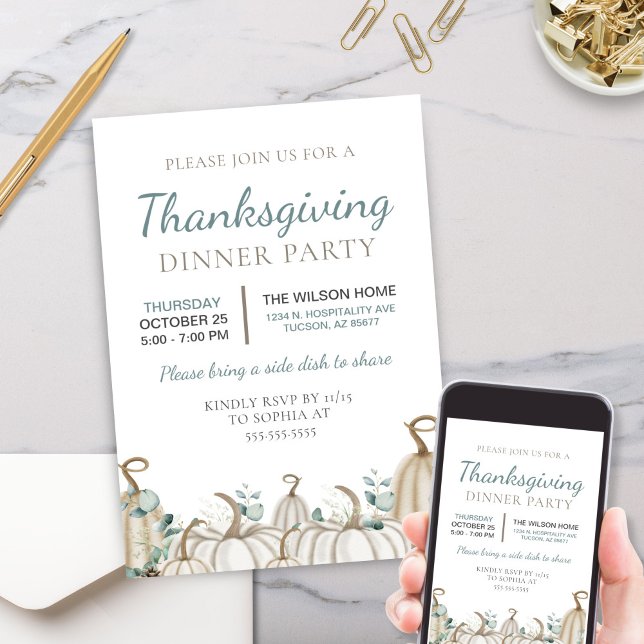 Elegant Neutral Autumn Fall Thanksgiving Dinner Invitation (Neutral White Pumpkins Fall Autumn Thanksgiving Dinner Party Invitations with Cream Beige Greenery)