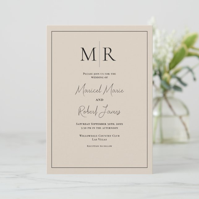 Elegant Neutral Beige Monogram Modern Wedding Invitation (Standing Front)