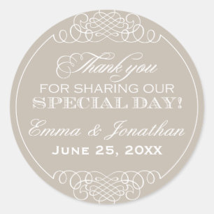 Elegant Neutral Beige Wedding Thank You Monogram Classic Round Sticker