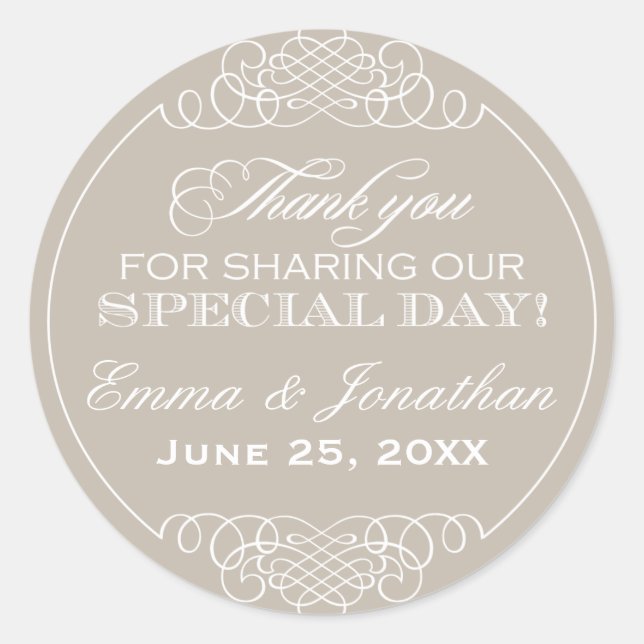 Elegant Neutral Beige Wedding Thank You Monogram Classic Round Sticker (Front)