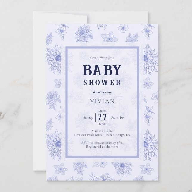 Elegant Neutral Blue floral Pattern Baby Shower Invitation (Front)
