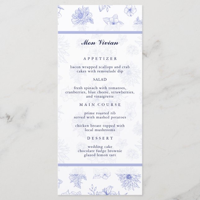 Elegant Neutral Blue Flowers Guest Name Dinner Menu (Front)