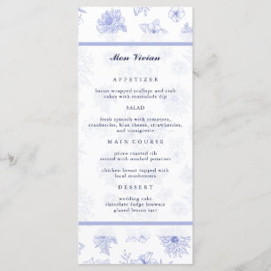 Elegant Neutral Blue Flowers Guest Name Dinner Menu