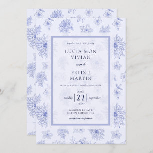 Elegant Neutral Blue Shadow floral Pattern Wedding Invitation
