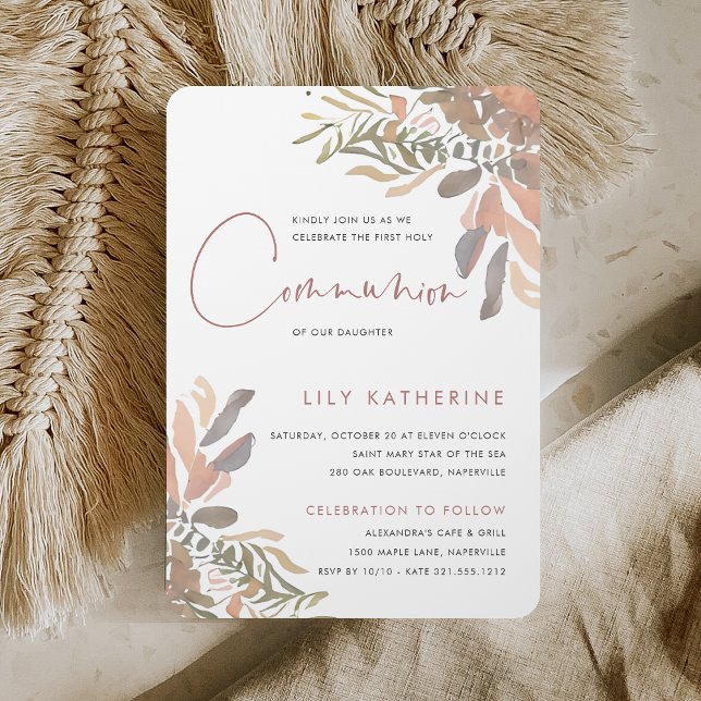 Elegant Neutral Boho Floral First Holy Communion Invitation (Creator Uploaded)