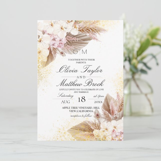 Elegant Neutral  Boho Pampas Wedding Invitation (Standing Front)