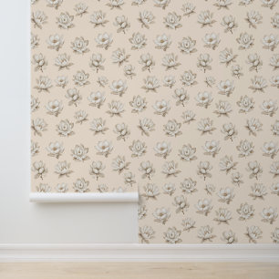 Elegant Neutral Botanical Magnolia Floral Pattern Wallpaper