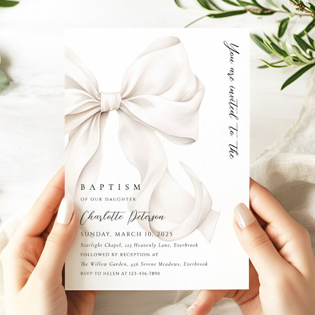 Elegant Neutral Bow Baptism Invitation (Creator Uploaded)