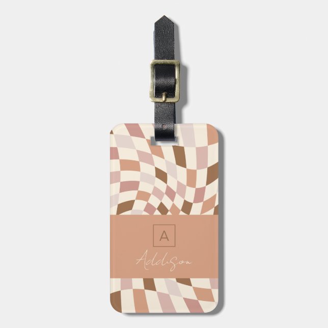 Elegant Neutral Chequered Personalised Monogram Luggage Tag (Front Vertical)