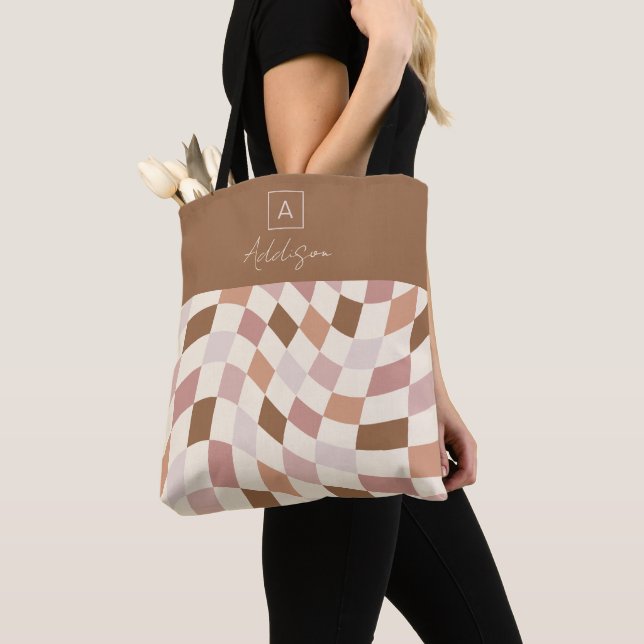 Elegant Neutral Chequered Personalised Monogram Tote Bag (Close Up)