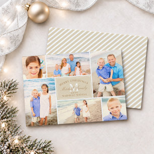 Elegant Neutral Christmas Monogram Photo Collage Holiday Card