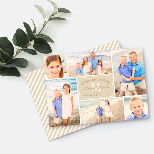 Elegant Neutral Christmas Monogram Photo Collage Holiday Card (Creator Uploaded)